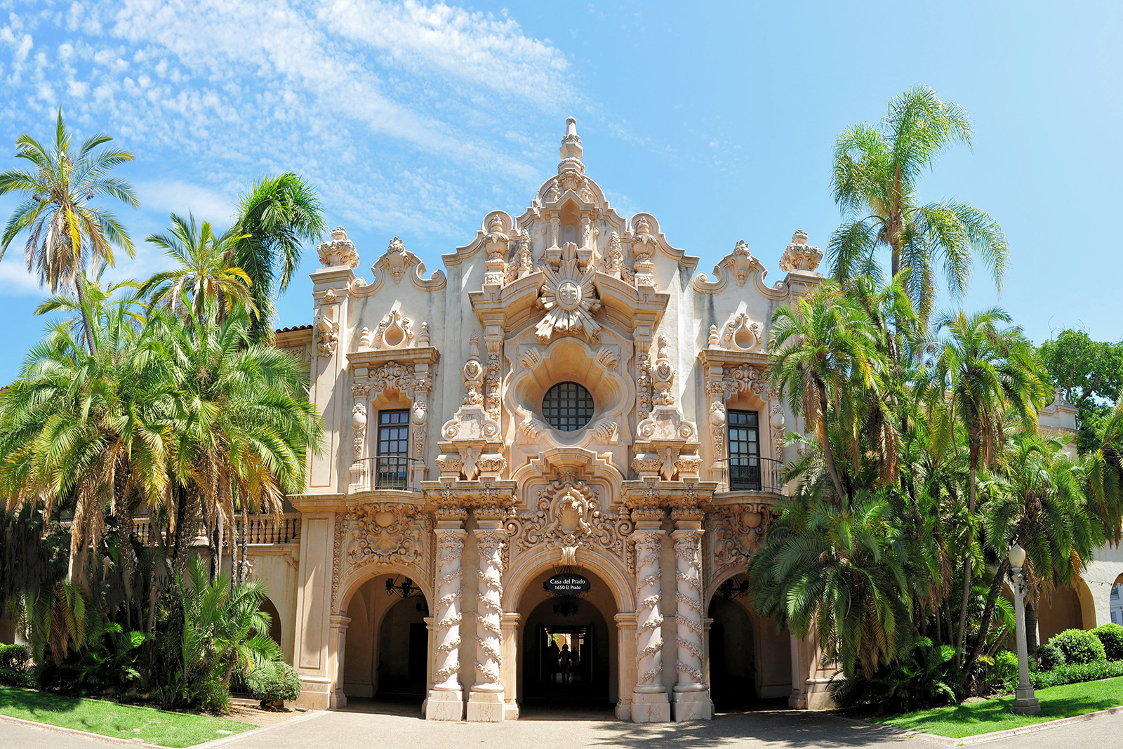 Spanish architecture building with palm trees in Balboa park, San Diego California