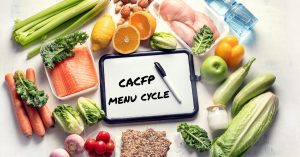A dry erase board surrounded by fresh fruits and vegetables. The whiteboard says CACFP menu cycle.