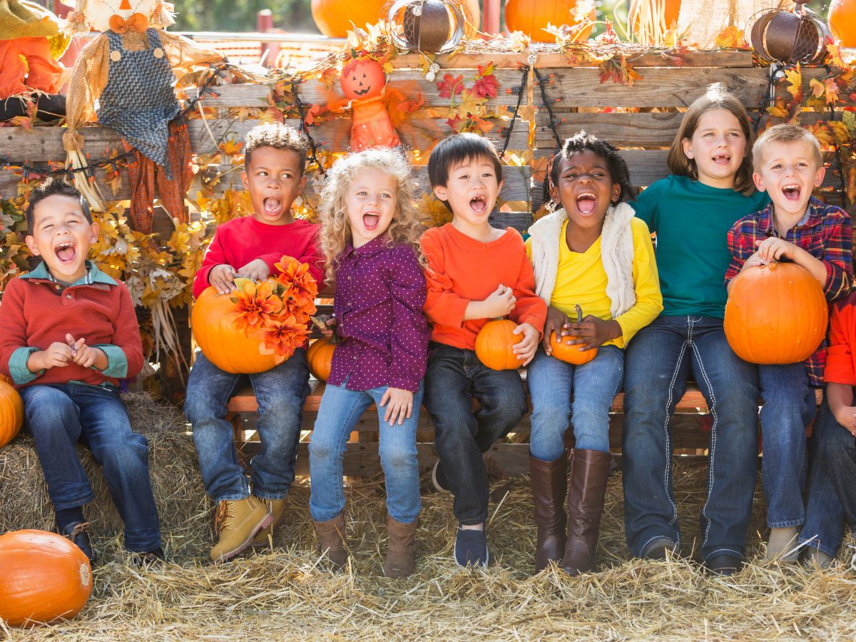 A row of children sit on hay bales holding pumpkins and making silly faces