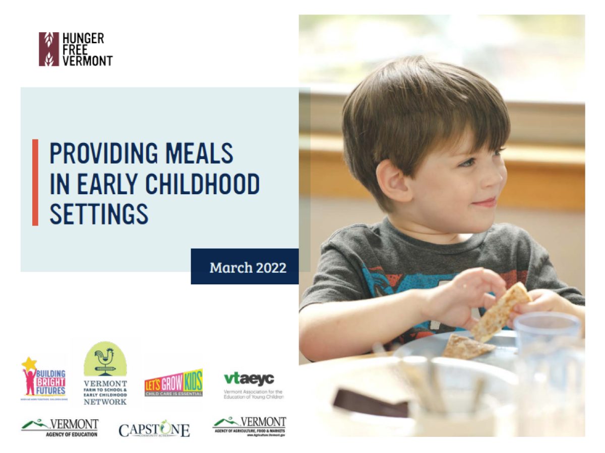 Front page of study called Providing Meals in Early Childhood Settings with an image of a boy smiling and eating a snack.