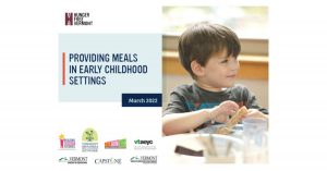 Front page of study, named Providing Meals in Early Childhood Settings with image of a young boy eating a snack and smiling