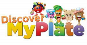 Colorful Discover MyPlate logo with vegetavle characters standing on top of letters.