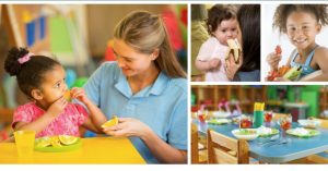 Image grid of 4 photos. One with a young woman handing orange slices to a little girl. One of a mother feeding her toddler a banana, One of a smiling child holding a platter of fruits, and one of a table set for a child's meal.