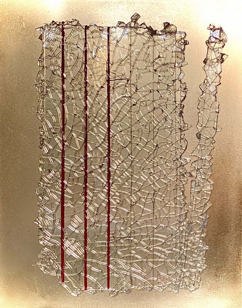 Kaye Lipscomb, Mirrored Images and Shards of Glass Series: Cardinal Sin, 11x14x1, $600