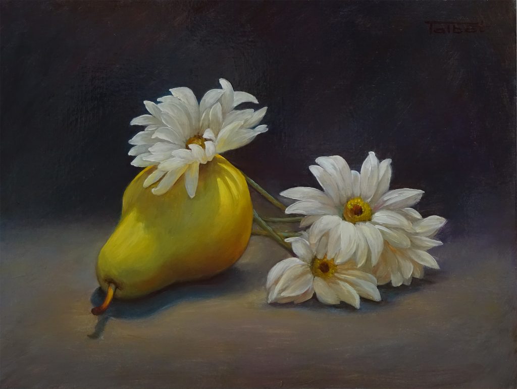 Susan Talbot-Elliot, Still Life With Daisies and Pear, 17x14x2, NFS