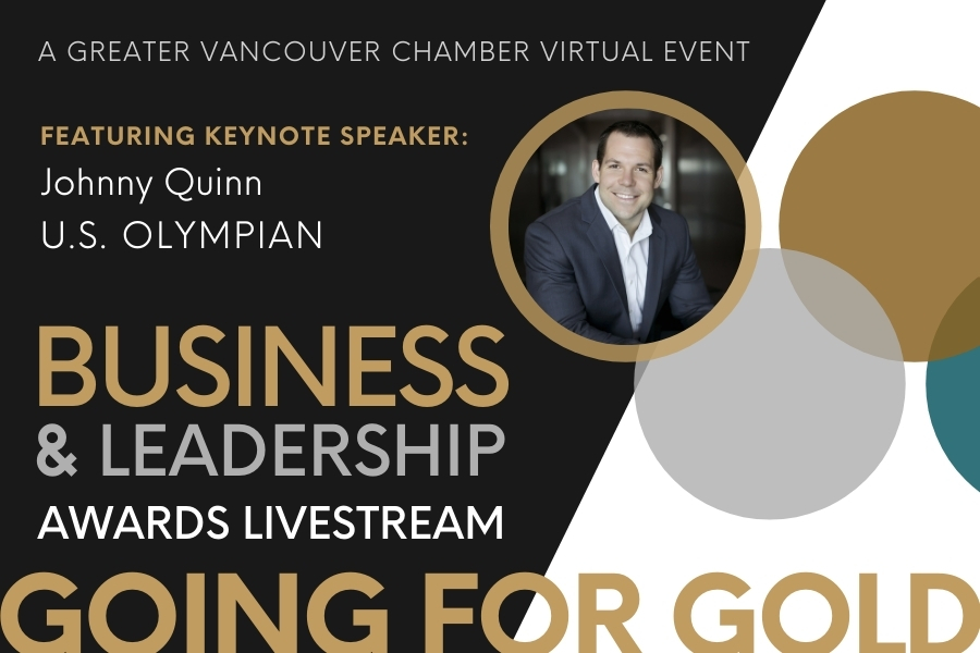 2021_BLA The 2021 Business and Leadership Awards virtual event presentation title slide showing the keynote speaker U.S. Olympian Johnny Quinn with the title, "Going For Gold" below his portrait.