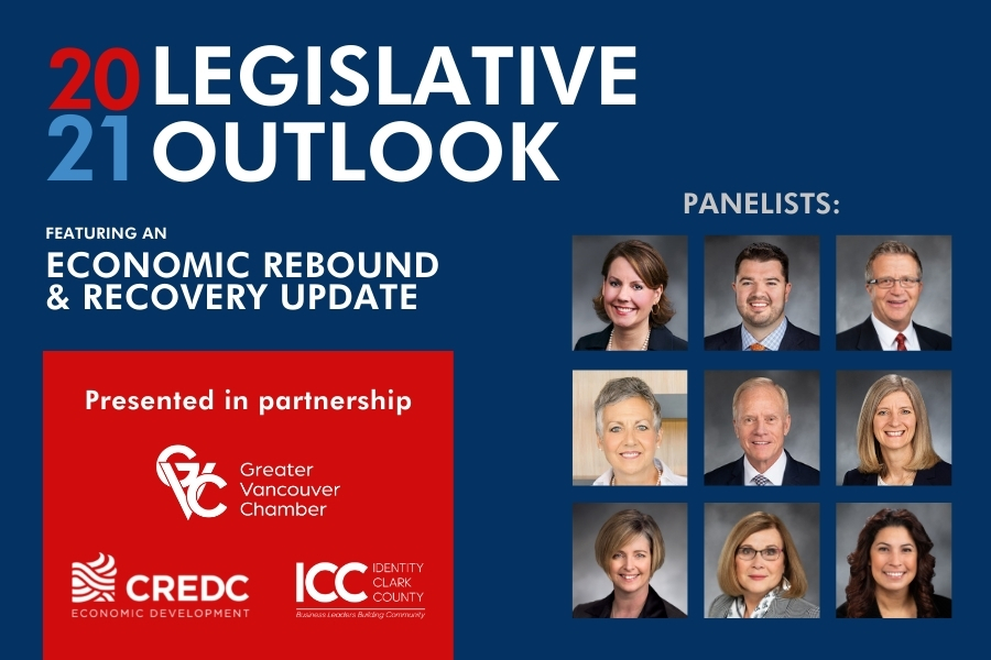 2021_Legislative_Outlook 2021 Legislative Outlook presentation slide deck that shows logos for presenting sponsors and portraits of the 2021 Washington State Legislative representatives for Clark County featuring an economic rebound and recovery update.