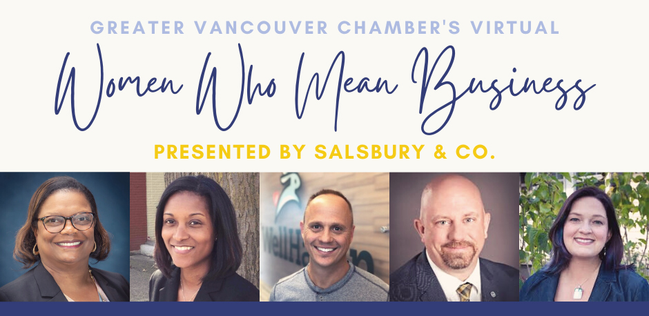 WWMB_FB_Post Slide for Women Who Mean Business presented by Salsbury & Co. with five different panelists portraits.