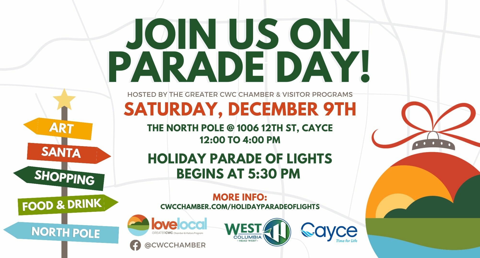 Parade Day
December 9, 2023
12 to 4 pm, Holiday Parade of Lights at 5:30 pm  Parade Registration Opens October 1st