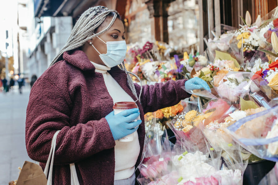 woman wearing mask & gloves