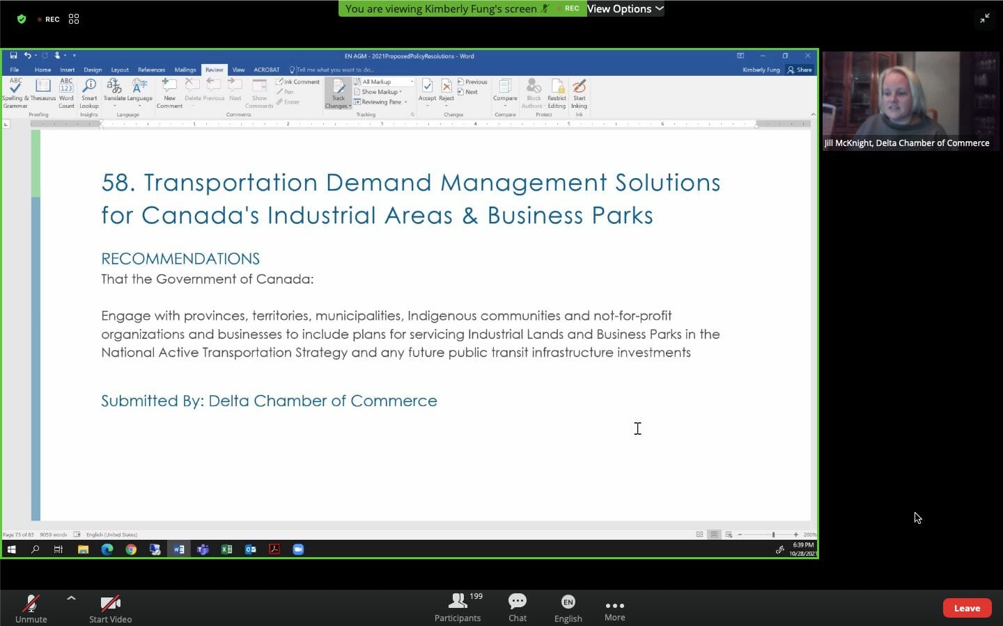 A screenshot of the wording for the Delta Chamber's policy resolution shown on a Zoom screen with a small window in the upper corner showing a blonde-haired white woman in the corner with her name (Jill McKnight) below her photo.