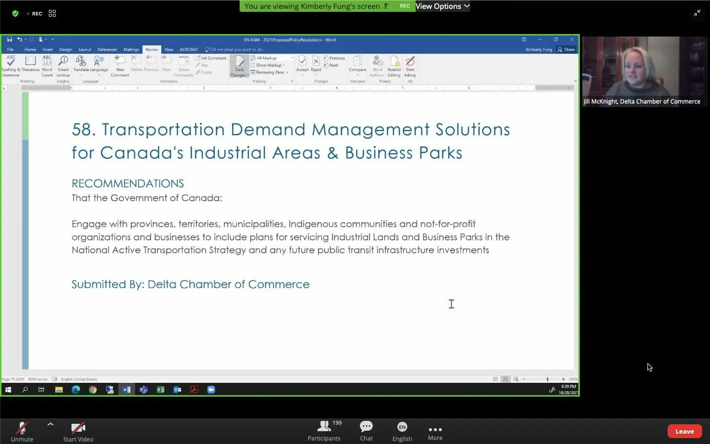 Screen Shot 2021-10-28 at 3.39.50 PM A screenshot of the wording for the Delta Chamber's policy resolution shown on a Zoom screen with a small window in the upper corner showing a blonde-haired white woman in the corner with her name (Jill McKnight) below her photo.