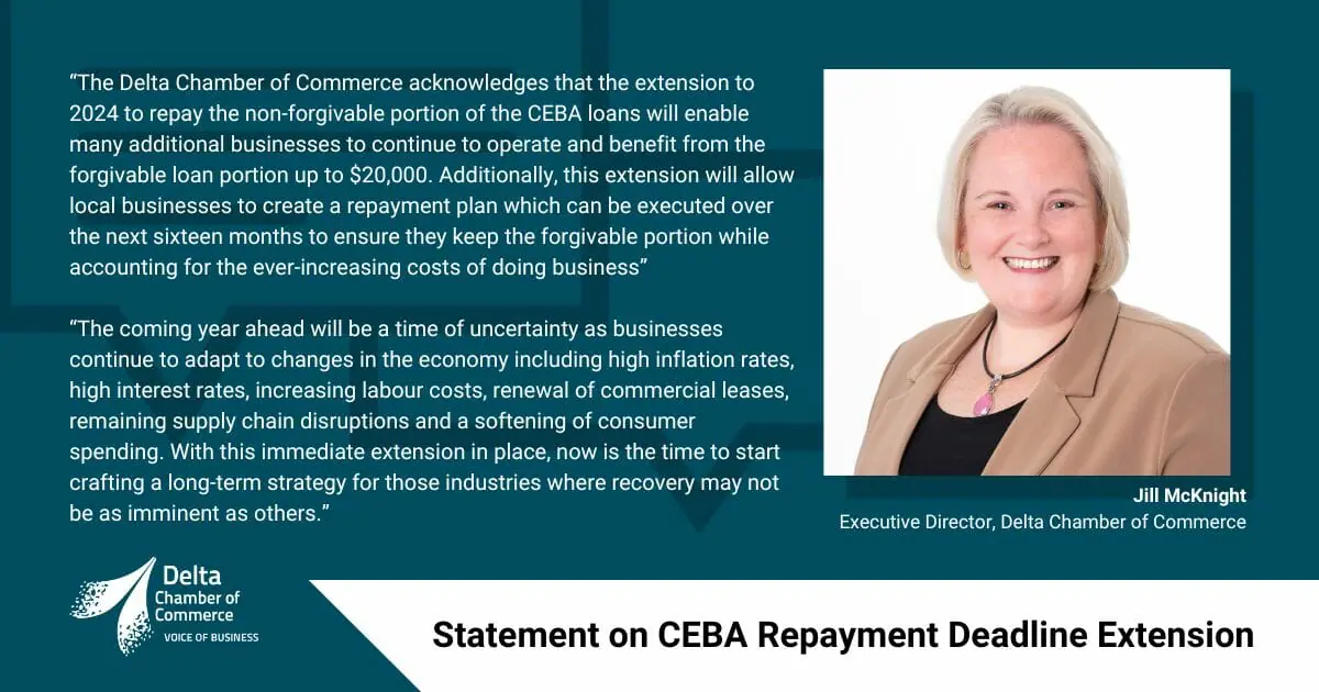 DCC Statement on CEBA Repayment Deadline Extension A picture of Jill McKnight, Executive Director of the Delta Chamber of Commerce with a pull quote from the article.