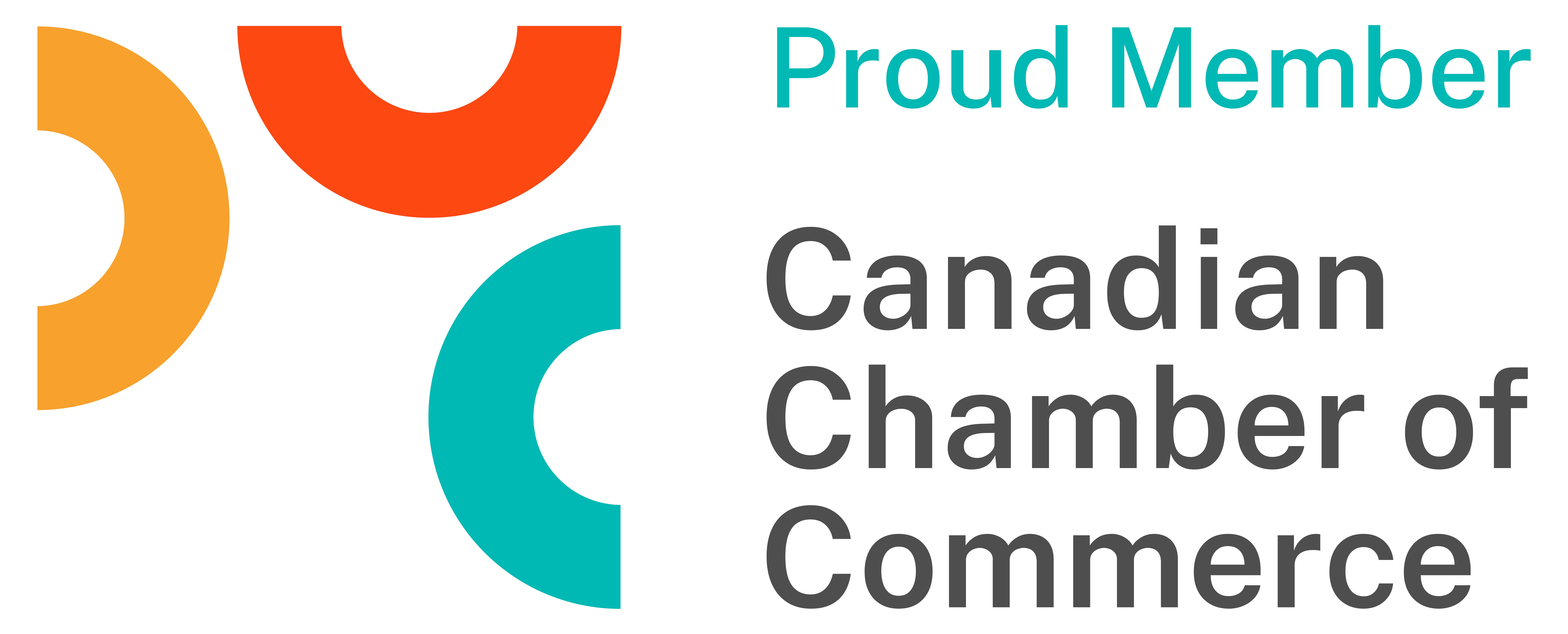 Multi colour logo with the words "Proud Member" and "Canadian Chamber of Commerce"