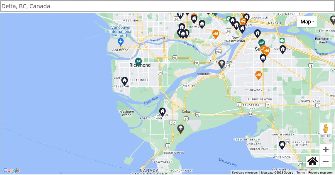 Screenshot of the Government of Canada's Infrastructure and Housing Project Map from their website. Investments in transportation and housing in Delta are shown.