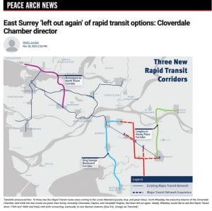 A screenshot of the Peace Arch News article from November 20, 2023 entitled "East Surrey 'left out again' of rapid transit options: Cloverdale Chamber director"