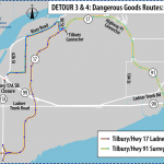 This image shows Detour Map #3 for dangerous goods travelling either South to Ladner/Tsawwassen or North to Surrey/beyond