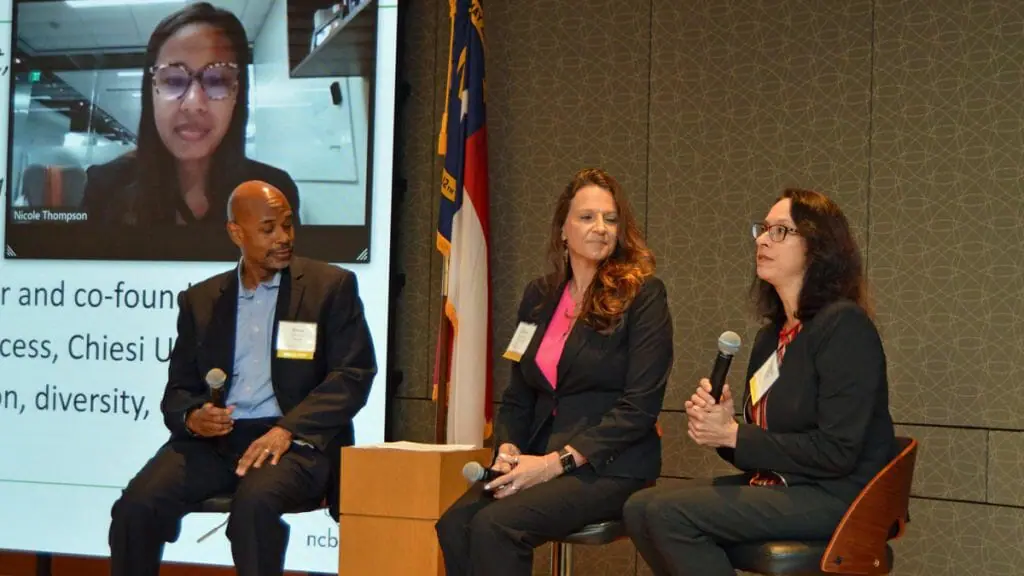 Drew Duncan (Biogen), Erica Paine (Chiesi USA), Sheila Mikhail (AskBio) with Nicole Thompson (BD) participating remotely