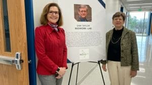 NCBIO President Laura Gunter and Sam Taylor's wife, Nancy Reed, at the opening of Wake Tech’s Lilly Science and Technology Center