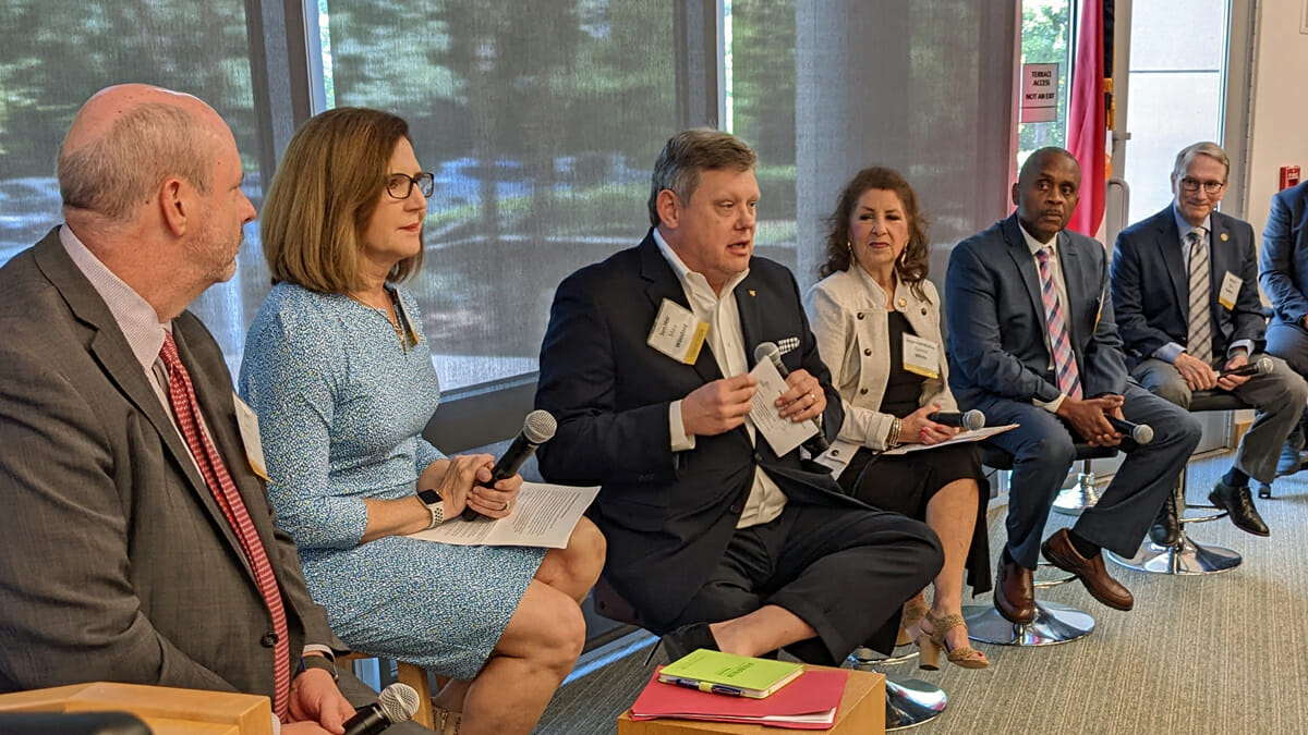 Milestone Strategy's Joe Lanier and NCBIO President Laura Gunter moderate a panel comprising the chairs of the NC Life Sciences Caucus Sen. Mike Woodard, Rep. Donna White, Rep. Robert Reives and Sen. Paul Newton on Aug. 31.