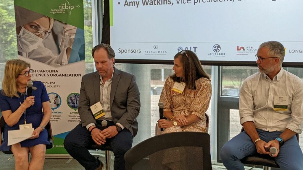 Moderator Marlene Spritzer (Lee &amp; Associates), Joel Gates (Azzur Group), Amy Watkins (Lincoln Harris) and Greg Capps (Longfellow Real Estate Partners) talk about finding room to grow at the July 2022 Lab Space Forum.