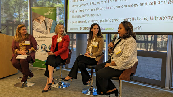 The panel at the NCBIO Clinical Trials Forum comprised moderater Abby Emanuelson, IQVIA's Erin Finot, Ultragenyx's Julie Harrell and Thermo Fisher Scientific's Rose Blackburne, M.D.