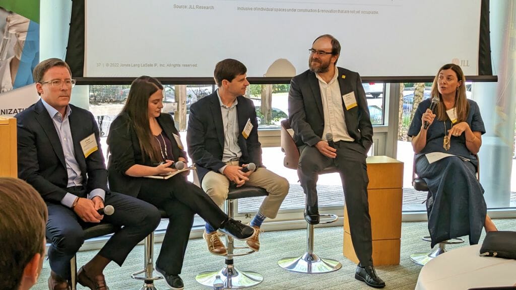 Chase Kerley of Crescent Communities, Ashley Ingram of Jones Lang LaSalle, Nathan Swiggett of McDonald York Building Company, Alvaro Quintana of Flad Architects; and moderator Carolyn Coia of the Research Triangle Foundation