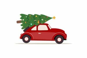 The car on the roof is driving to the Christmas tree, Merry Christmas and Happy New Year, New Year's background. vector