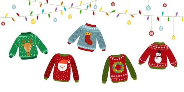 Ugly sweater banner. Celebrating, christmas sweaters and garlands. Happy new year, winter holiday poster. Warm jumper recent vector elements. Illustration of sweater to winter holiday celebration