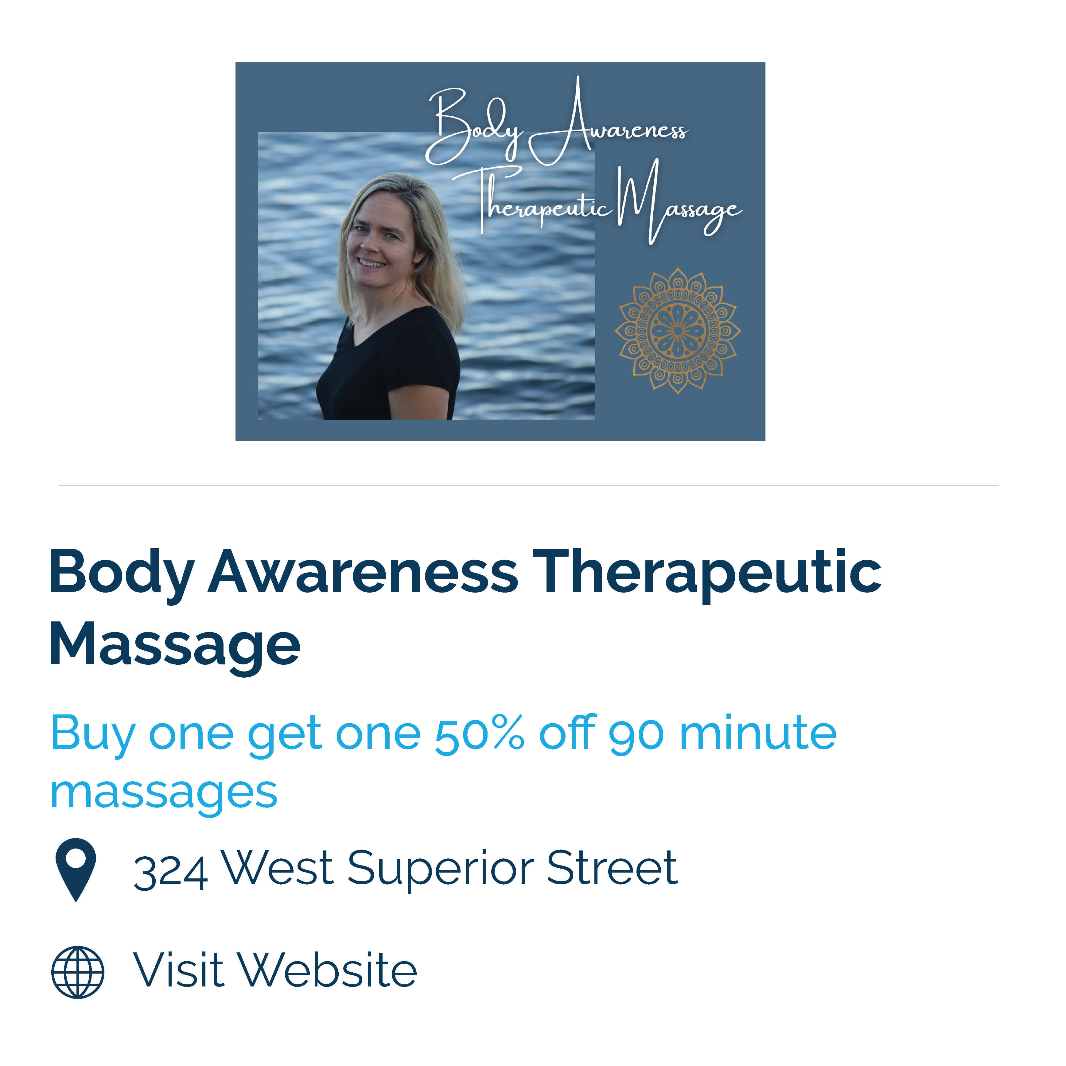 body awareness therapeutic massage. buy one get one 50% off 90 minute massages. 324 west superior street