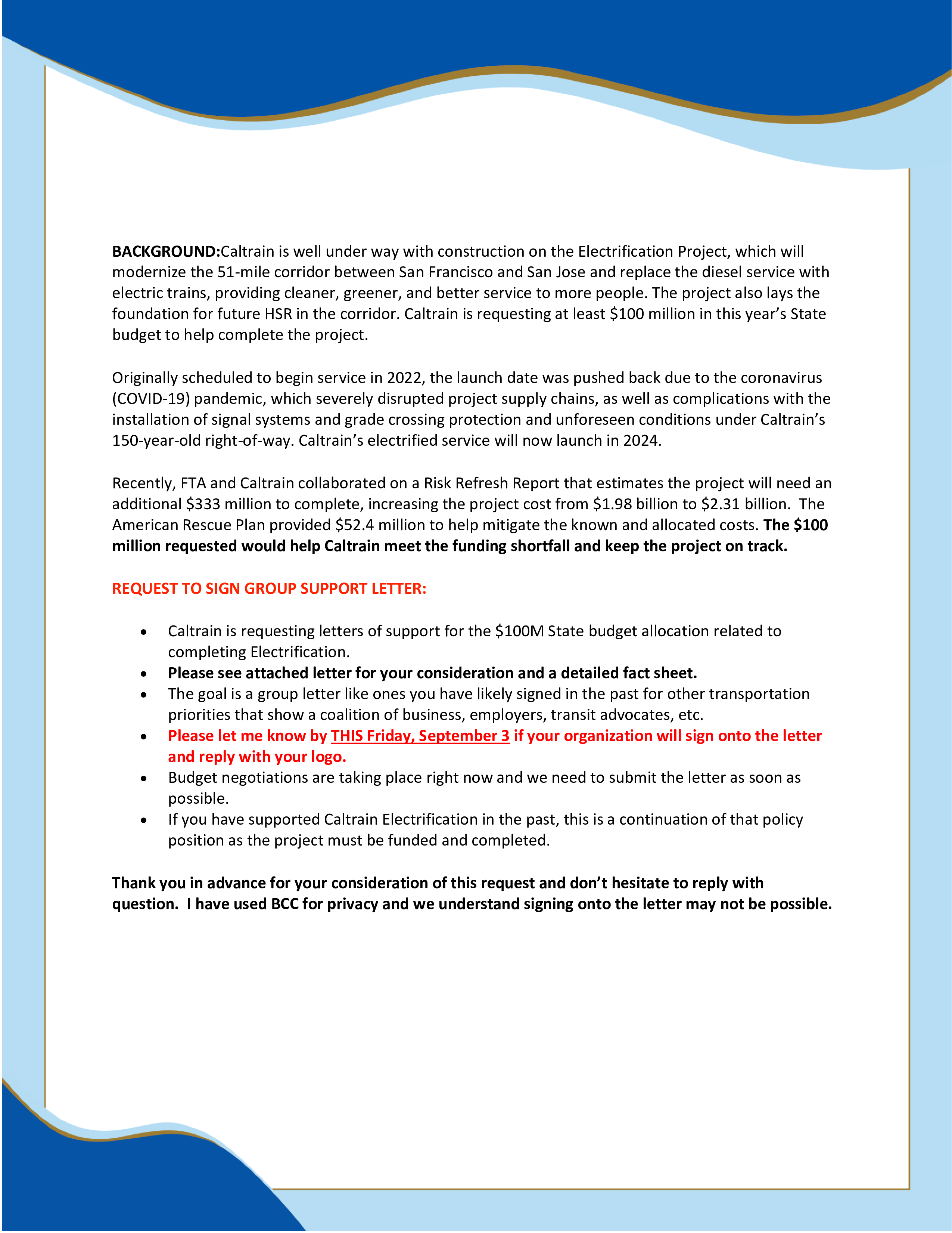 Coalition Support of Electricifaction Caltrain - 09.02.21