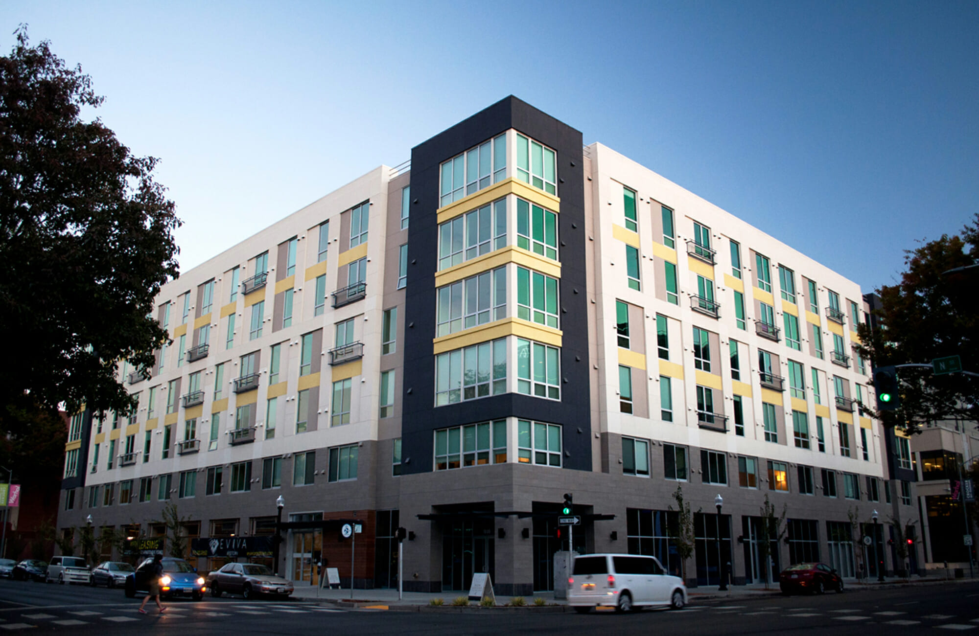 A Permanent Modular Construction Building on a street corner