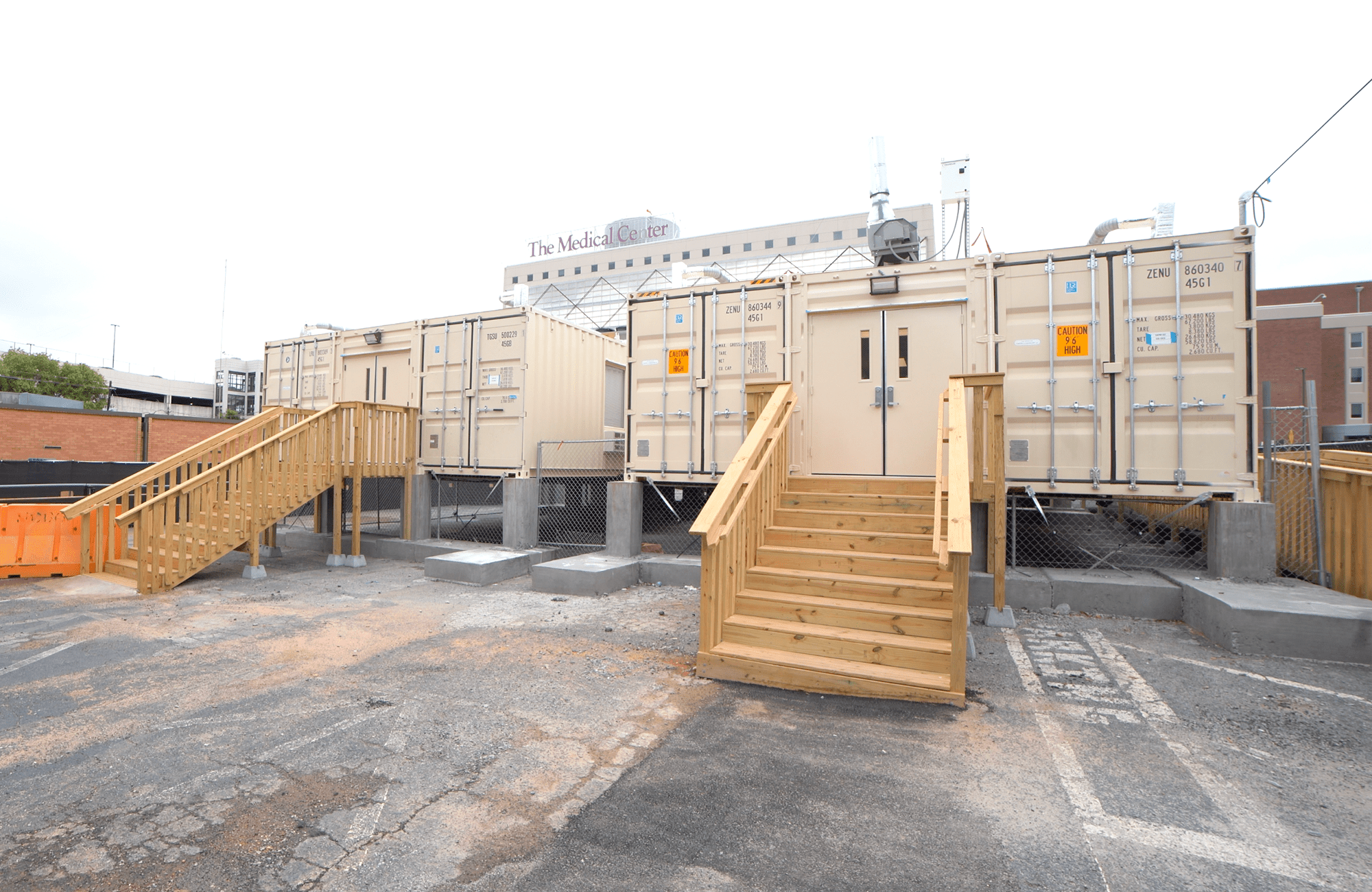 Two portable crisis buildings supplied through MBI members set up outside a medical center