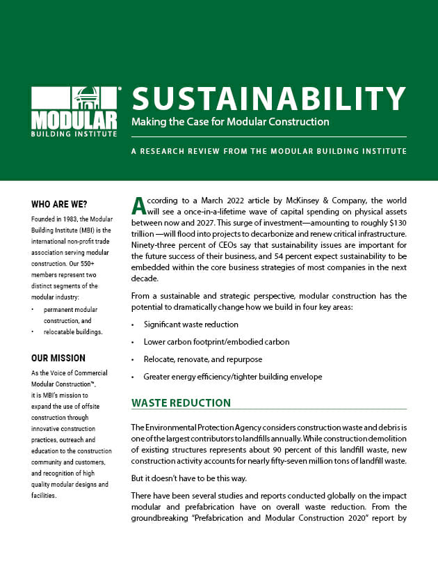Page 1 of MBI's report on sustainability in modular construction