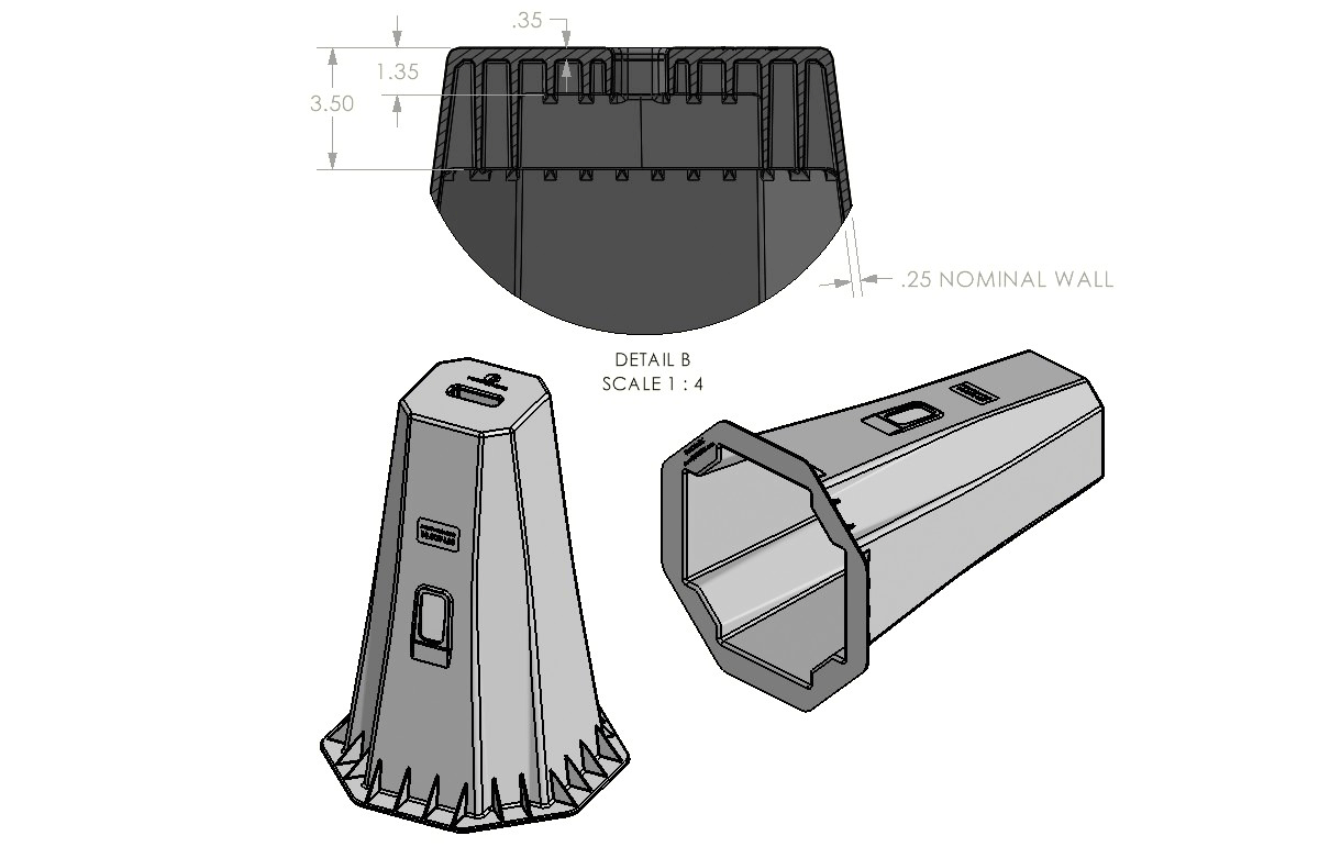 Drawings showing the size, shape, and interior structure of ModCribs modulr cribbing units