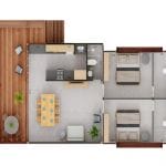 floorplan consisting of two face-to-face bedrooms, with connected bathrooms, a joined kitchen/common area, and a covered porch