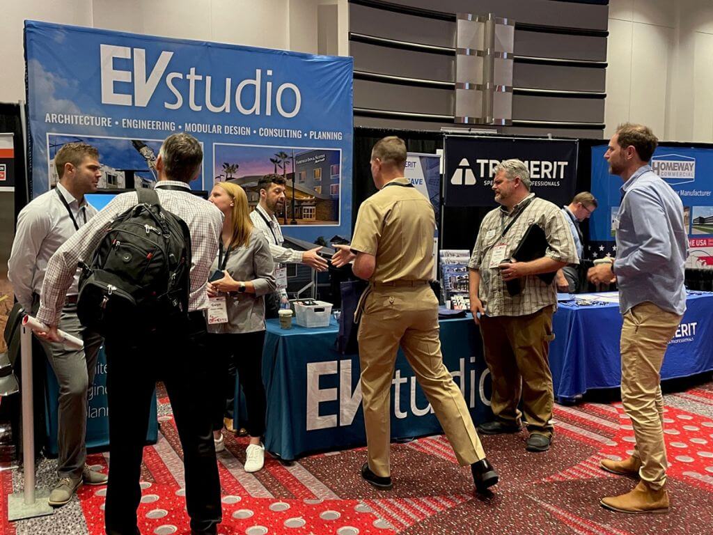 Attendees were welcomed by a wide variety of offsite construction exhibitors, including regional design firm EVstudio.