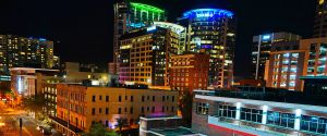 Downtown Orlando buildings with lights at night