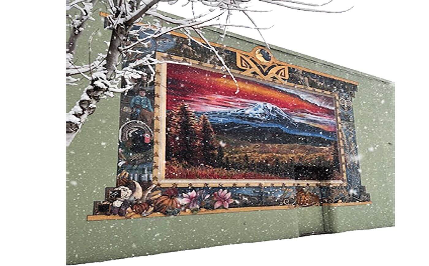 large mural and wintry tree