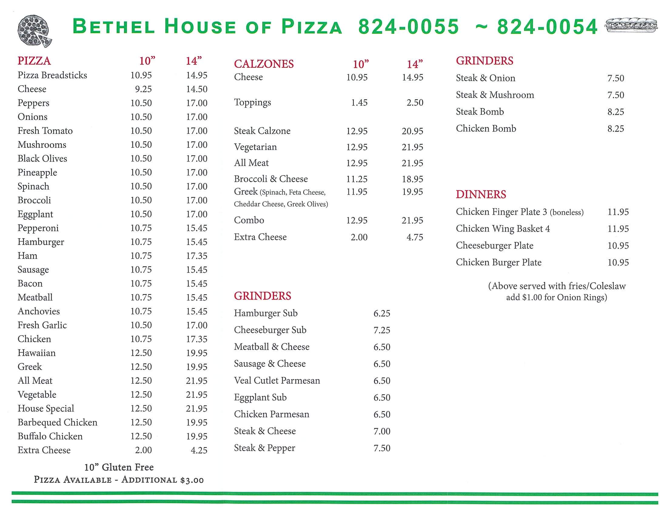 Bethel House of Pizza Menu page 2