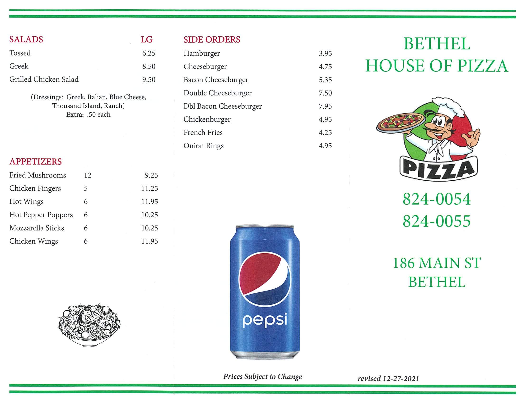 Bethel House of Pizza menu page 1