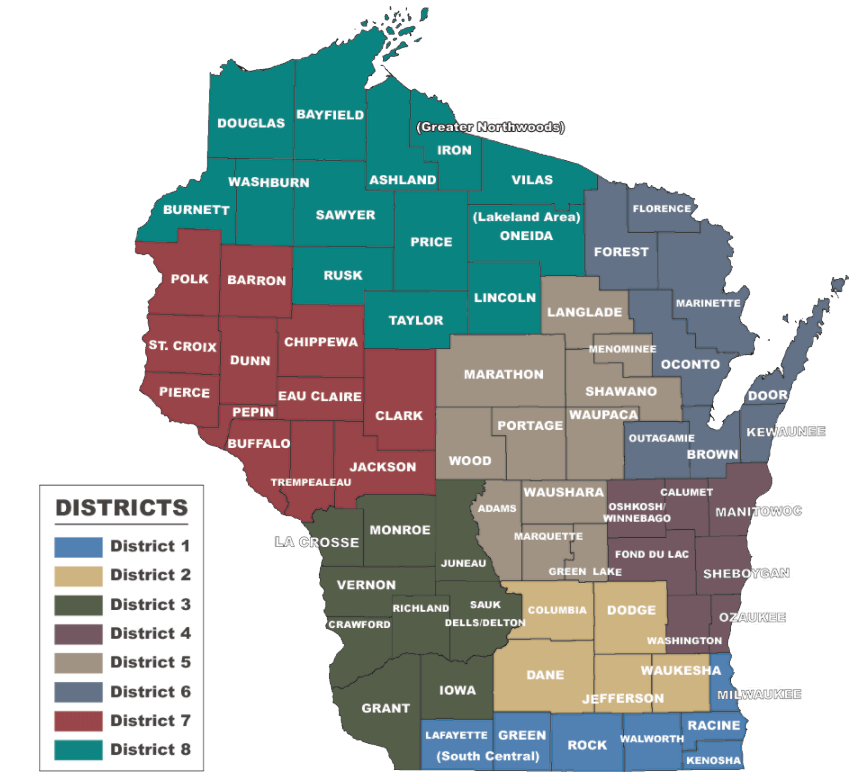 Wisconsin map w counties districts - from web Wisconsin map w counties districts - from web