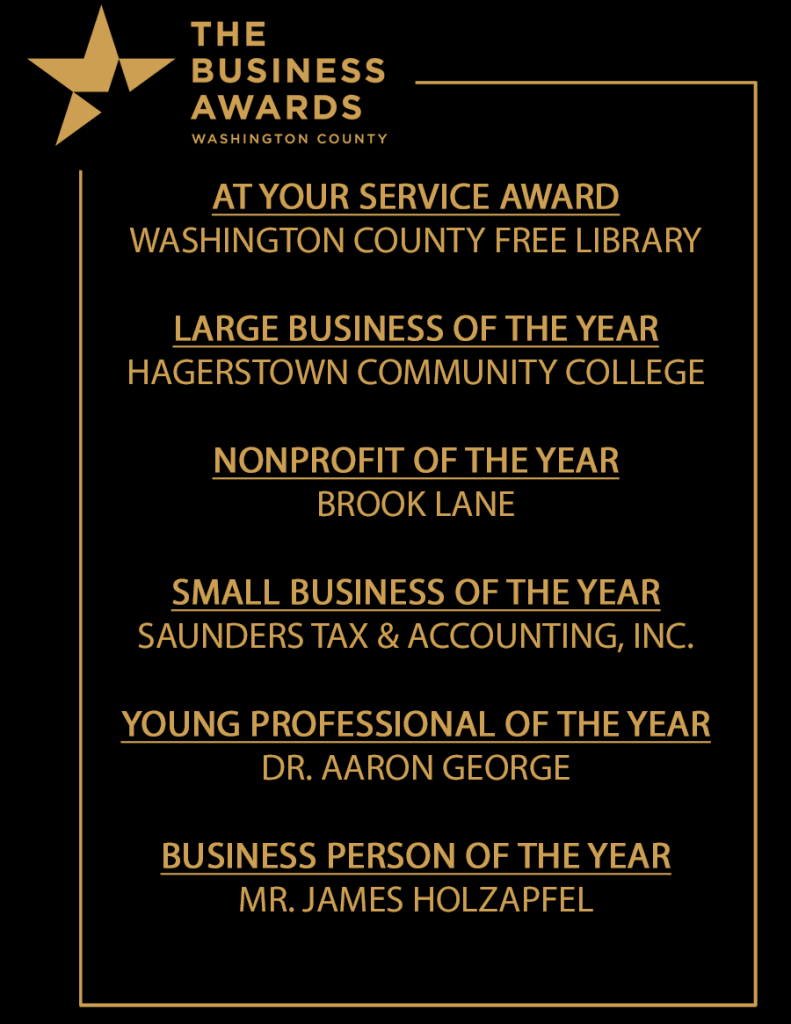 Winners of the 2023 Business Awards were Washington County Free Library, Hagerstown Community College, Brook Lane, Saunders Tax and Accounting, Dr. Aaron George, and Mr. James Holzapfel.