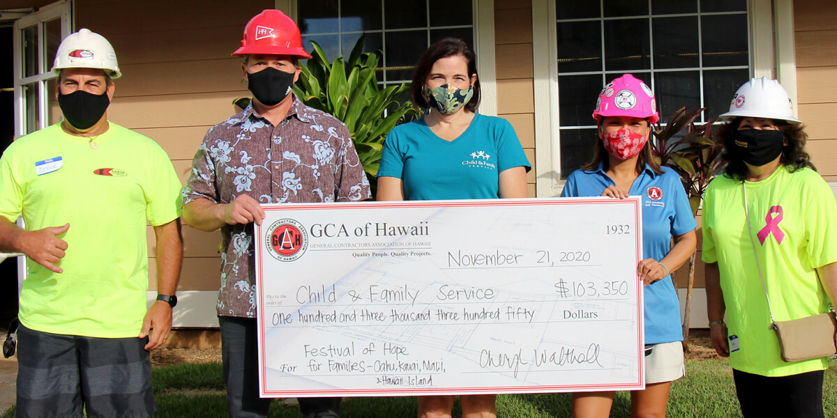 Festival of Hope for Families Event on O'ahu: (L to R) Steve Baginski (GCA Board), Emmett Kinney (2020 GCA 1st Vice President), Karen Tan (CFS President &amp; CEO), Cheryl Walthall (GCA Executive Vice President), &amp; Lori Isara (2020 GCA Treasurer)