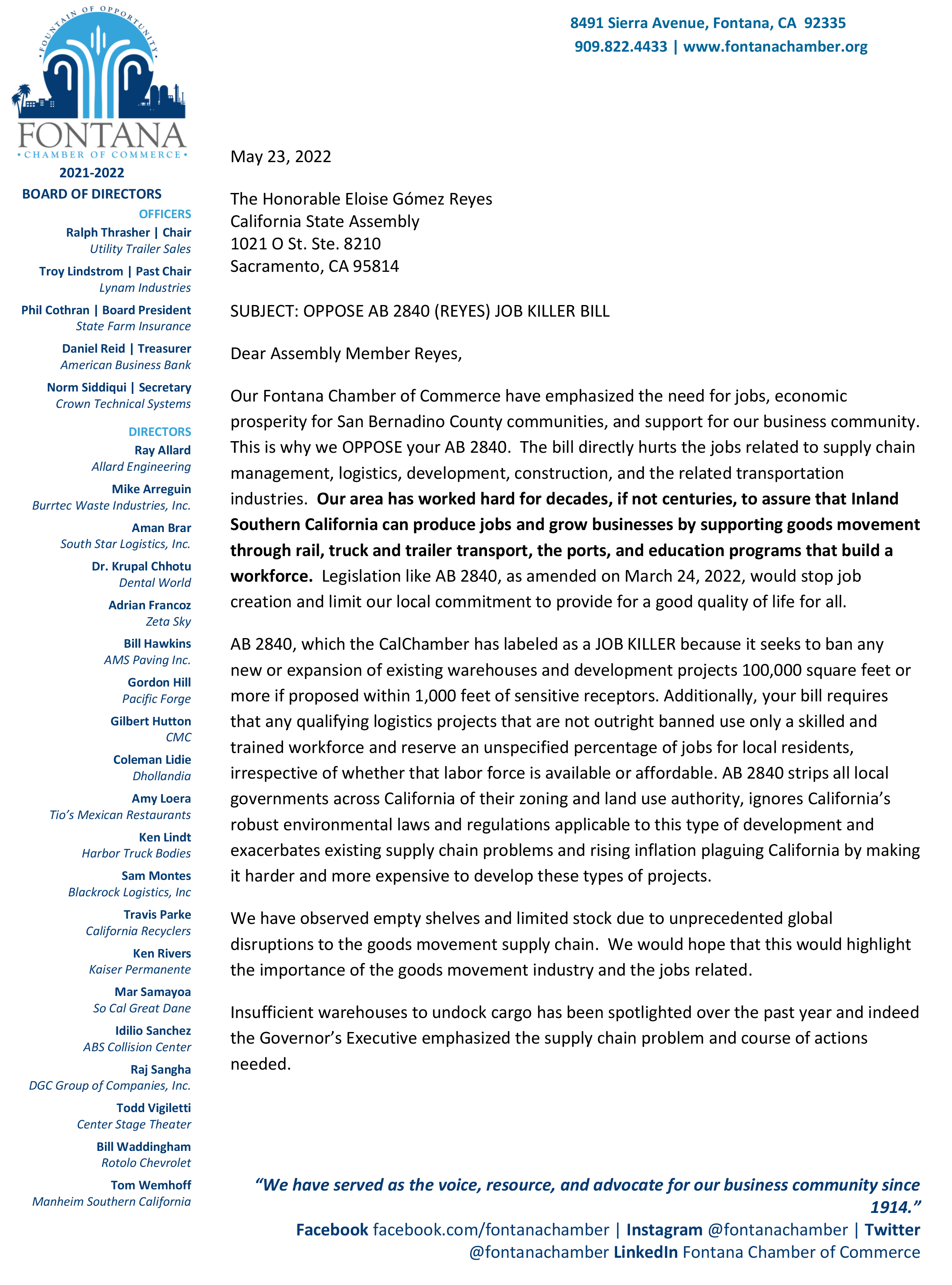Letter to oppose AB 2840 Gomez Reyes