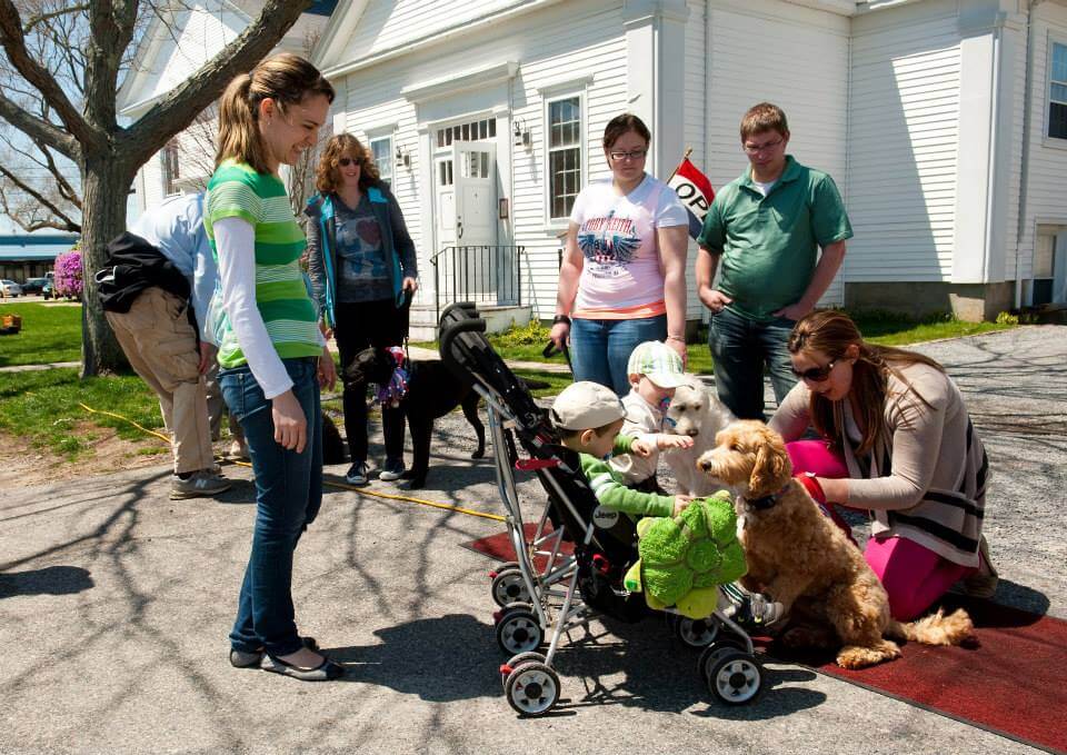kids in strollers meeting dogs
