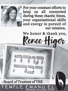 Tribute ad featuring photo of Renee Higer and message of gratitude from Temple Emanu-El