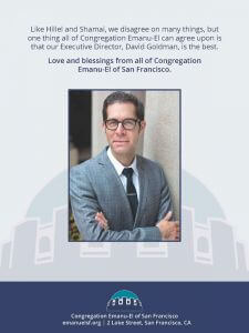 Tribute ad featuring photo of David Goldman with words of gratitude from Congregation Emanu-el