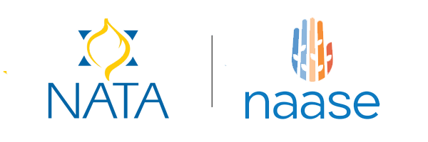 NATA logo with yellow and blue Star of David and NAASE logo with colorful hamsa