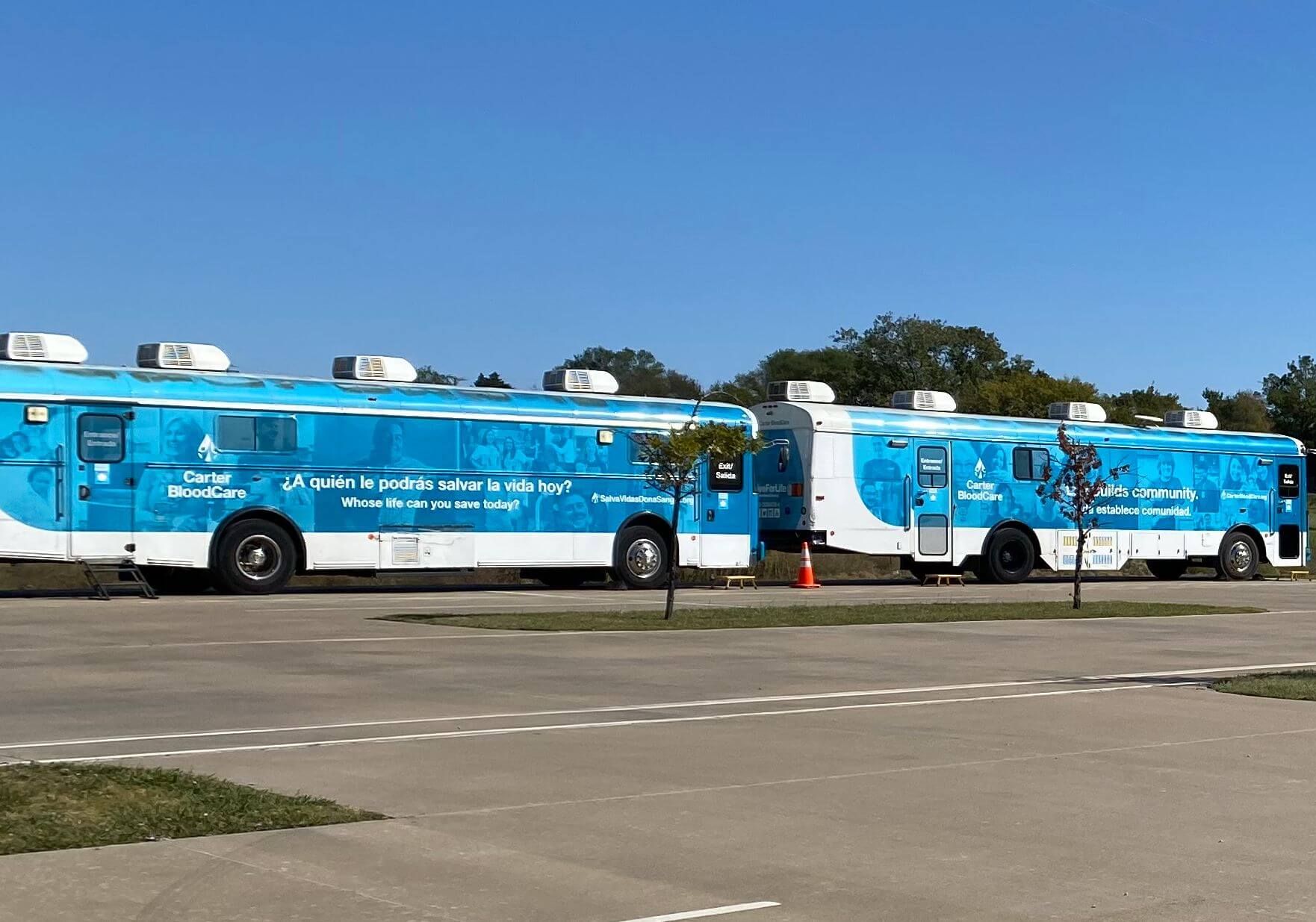 Carter Blood Donation Buses parked outside of our office.